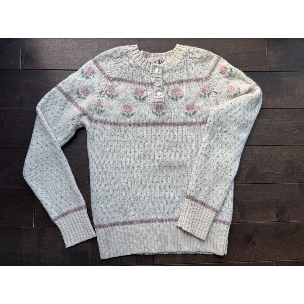 Vintage Margaret Chadwick 100% Wool Floral Sweater Ivory Pink Size Small